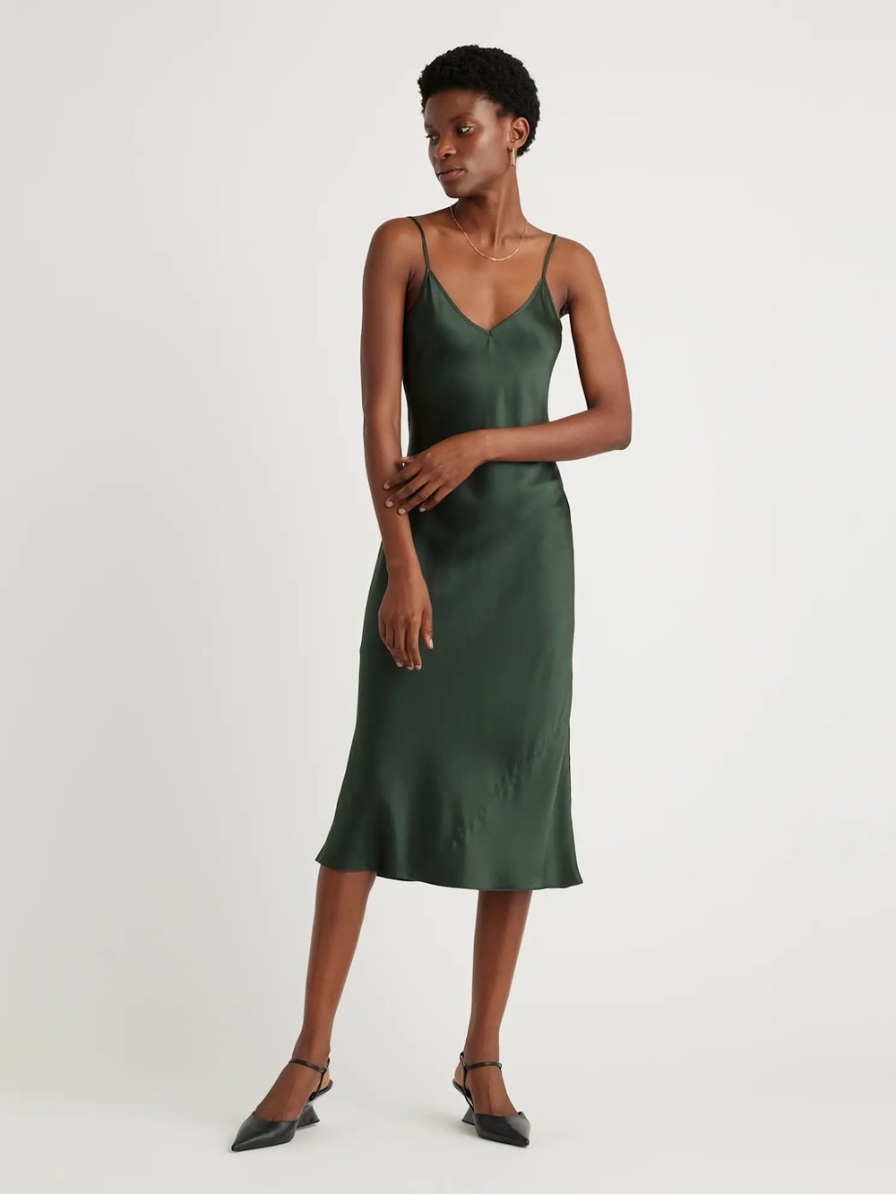 Quince Washable Silk Bias Cut Midi Dress Forest Green XS